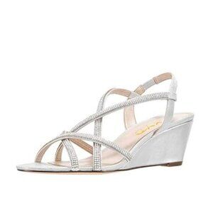 XYD Silver Women Comfy Slip On Wedges Sandals Strappy Open Toe Mid Heel Studded